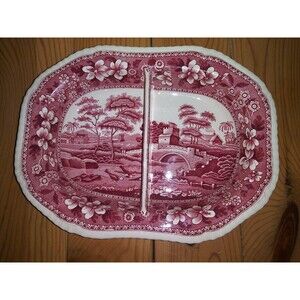 10 1/2" Oval Divided Vegetable Bowl Copeland England Cranberry Red Spode Tower